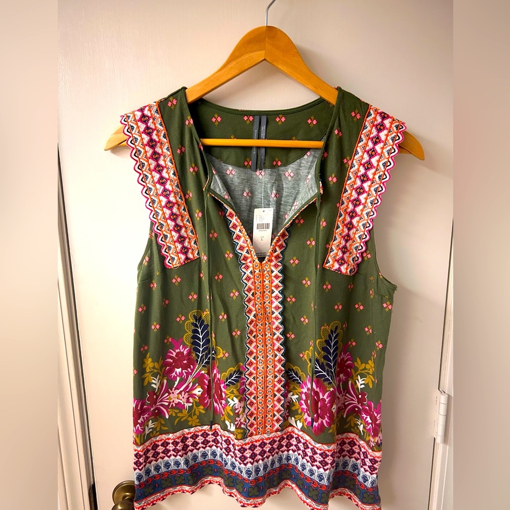 Anthropologie Olive Green Floral Embroidered Sleeveless Tank